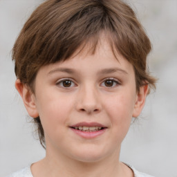 Joyful white child female with medium  brown hair and brown eyes