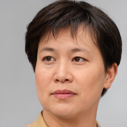 Joyful asian adult female with short  brown hair and brown eyes