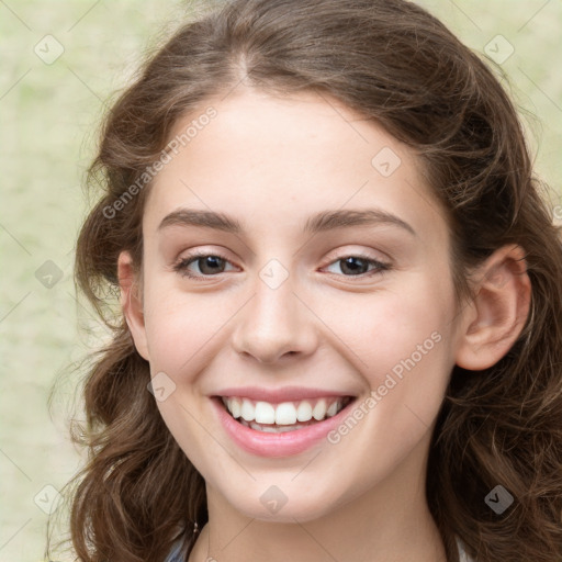 Joyful white young-adult female with medium  brown hair and green eyes