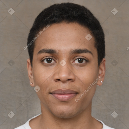 Joyful black young-adult male with short  black hair and brown eyes