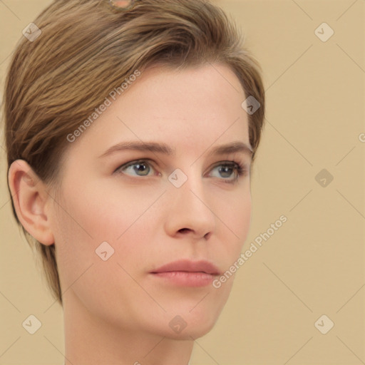 Neutral white young-adult female with short  brown hair and brown eyes