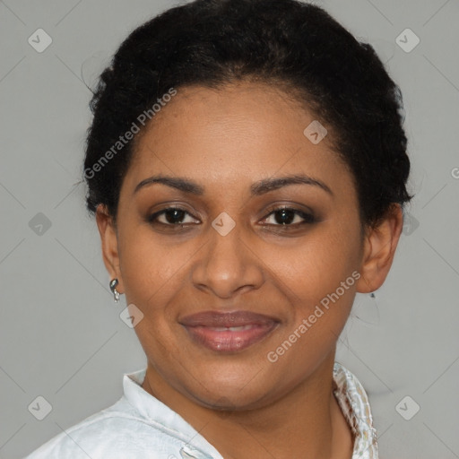 Joyful latino young-adult female with short  brown hair and brown eyes