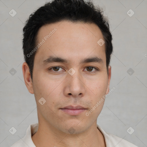 Neutral asian young-adult male with short  brown hair and brown eyes