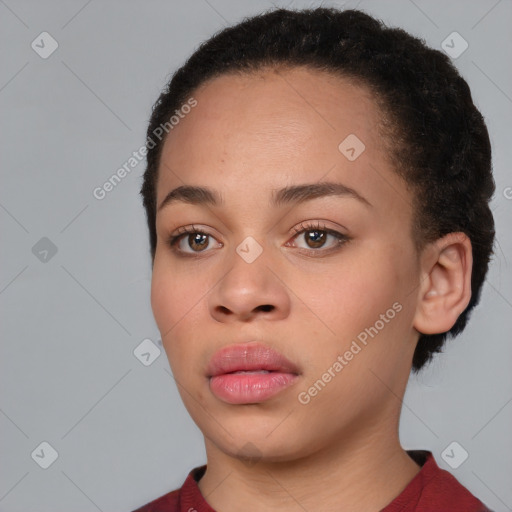 Neutral white young-adult female with short  brown hair and brown eyes