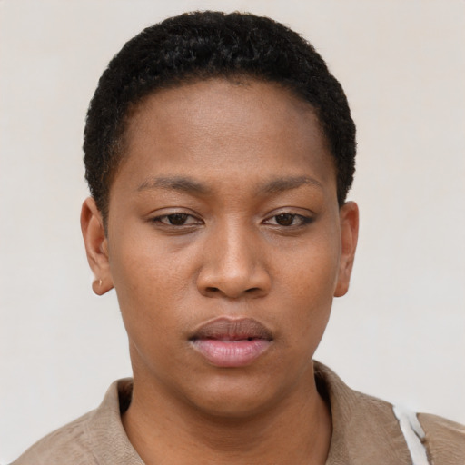 Neutral black young-adult female with short  brown hair and brown eyes