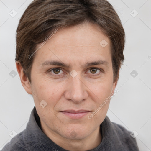 Joyful white adult male with short  brown hair and grey eyes