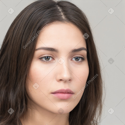 Neutral white young-adult female with long  brown hair and brown eyes