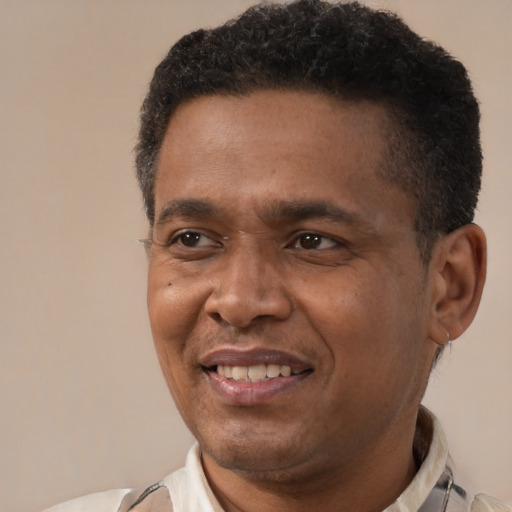 Joyful latino adult male with short  brown hair and brown eyes