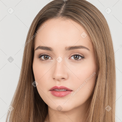 Neutral white young-adult female with long  brown hair and brown eyes