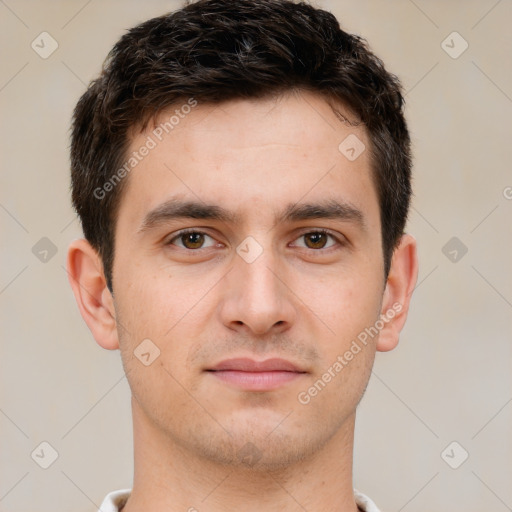 Neutral white young-adult male with short  brown hair and brown eyes