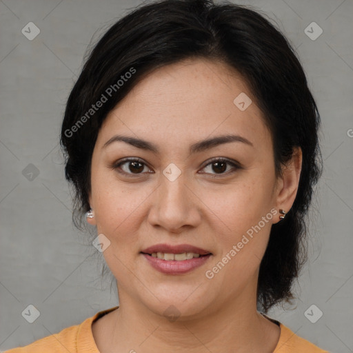 Joyful white young-adult female with medium  brown hair and brown eyes