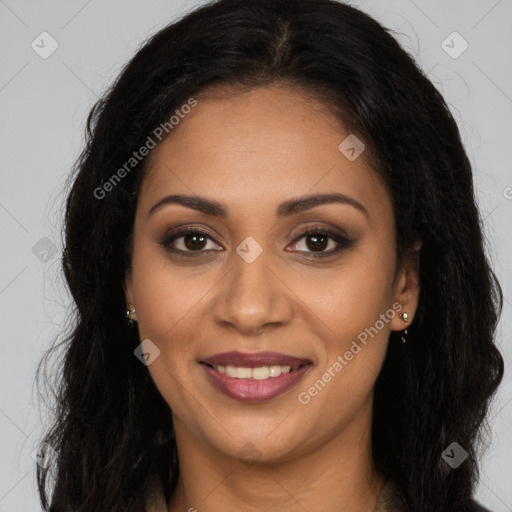 Joyful latino young-adult female with long  brown hair and brown eyes