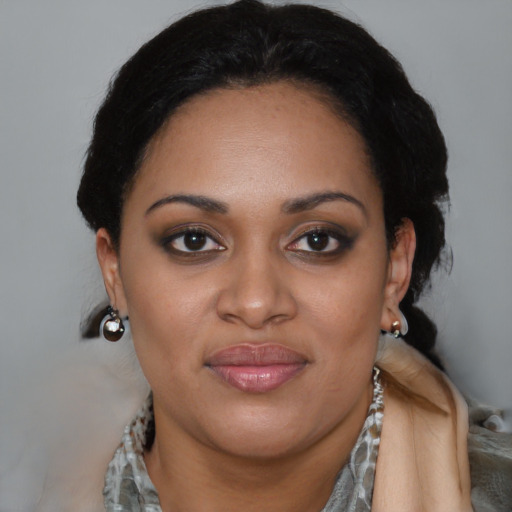 Joyful black young-adult female with medium  brown hair and brown eyes