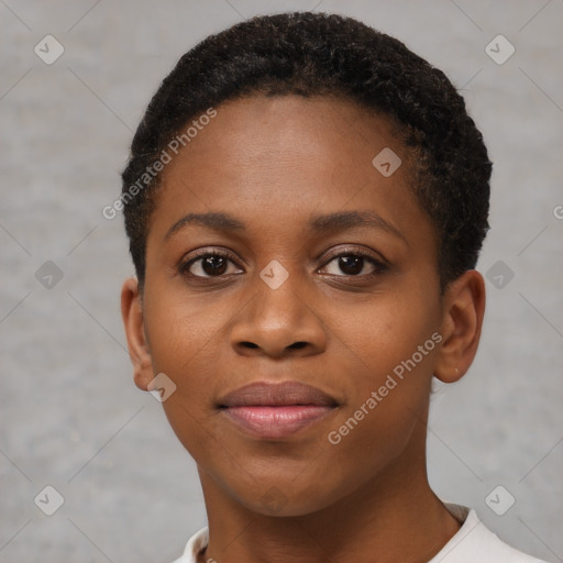 Joyful black young-adult female with short  brown hair and brown eyes