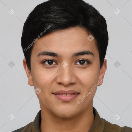 Joyful asian young-adult male with short  black hair and brown eyes