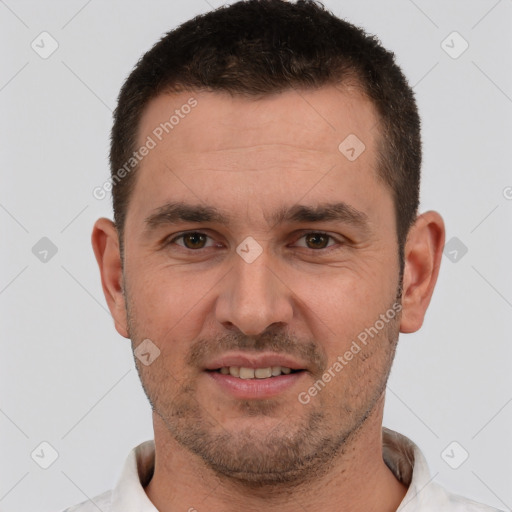 Joyful white young-adult male with short  brown hair and brown eyes