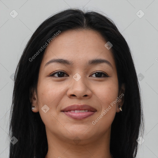 Joyful asian young-adult female with long  brown hair and brown eyes