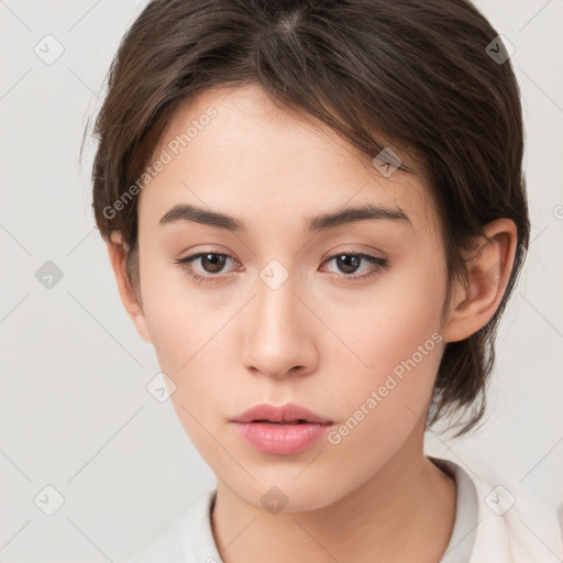 Neutral white young-adult female with medium  brown hair and brown eyes