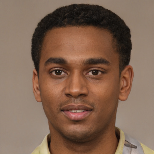 Neutral black young-adult male with short  black hair and brown eyes