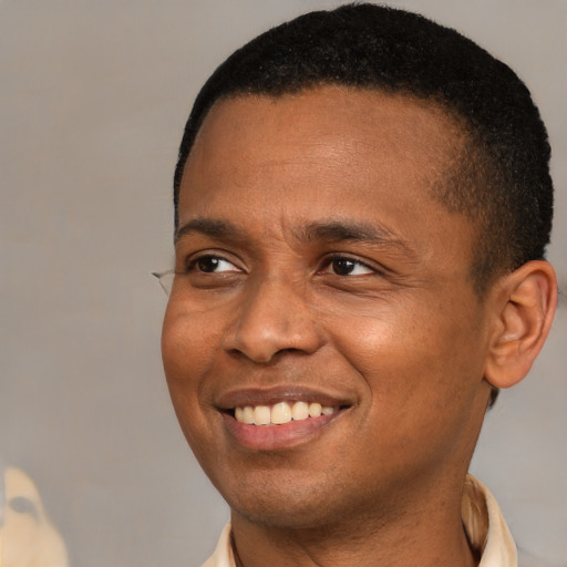 Joyful latino young-adult male with short  brown hair and brown eyes