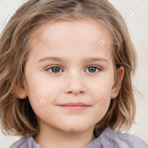 Joyful white child female with medium  brown hair and grey eyes