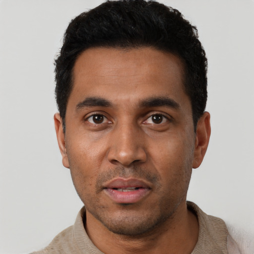 Neutral black young-adult male with short  black hair and brown eyes