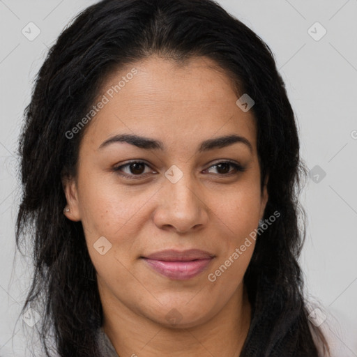 Joyful latino young-adult female with long  brown hair and brown eyes