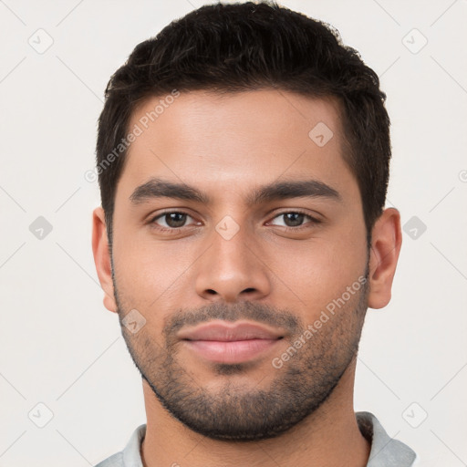 Neutral white young-adult male with short  brown hair and brown eyes