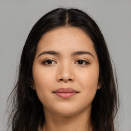 Neutral asian young-adult female with long  brown hair and brown eyes