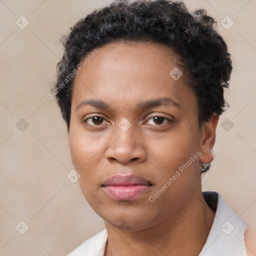 Neutral black young-adult female with short  black hair and brown eyes