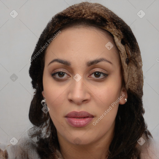 Joyful latino young-adult female with long  brown hair and brown eyes