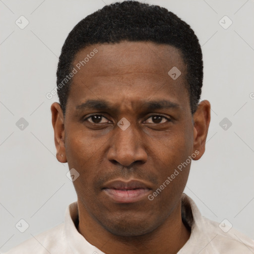 Neutral latino adult male with short  black hair and brown eyes