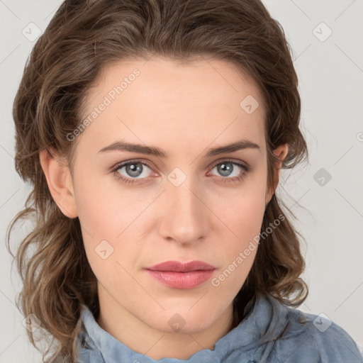 Neutral white young-adult female with medium  brown hair and grey eyes