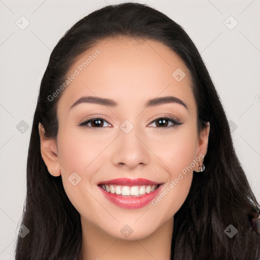 Joyful white young-adult female with long  black hair and brown eyes