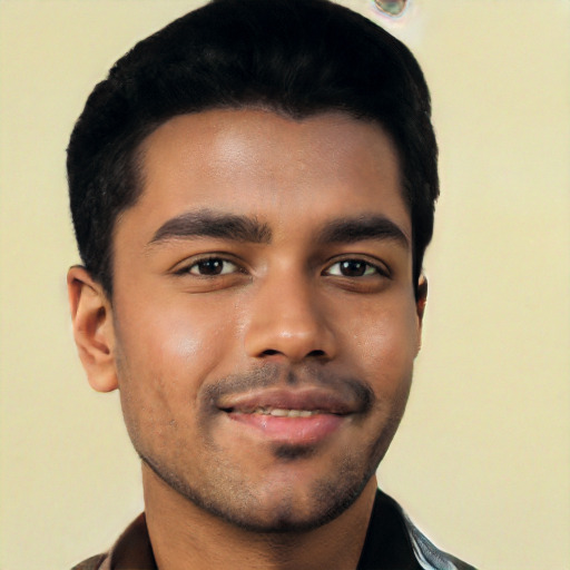 Joyful white young-adult male with short  black hair and brown eyes