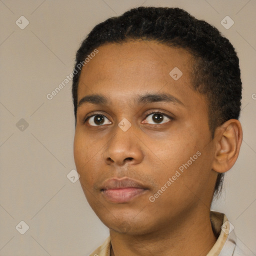 Neutral black young-adult male with short  black hair and brown eyes
