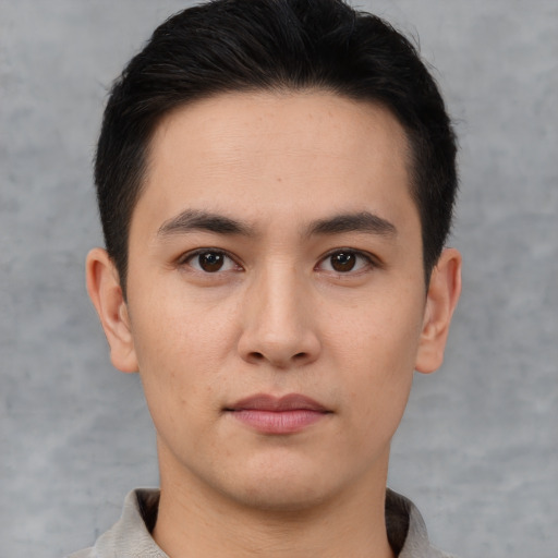 Neutral asian young-adult male with short  brown hair and brown eyes