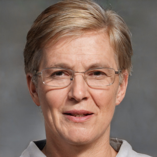 Joyful white middle-aged female with short  brown hair and brown eyes