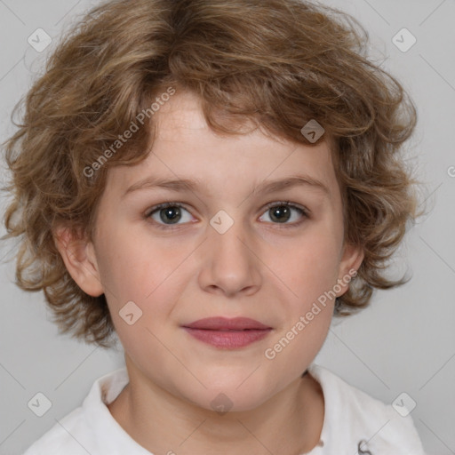 Joyful white child female with medium  brown hair and brown eyes