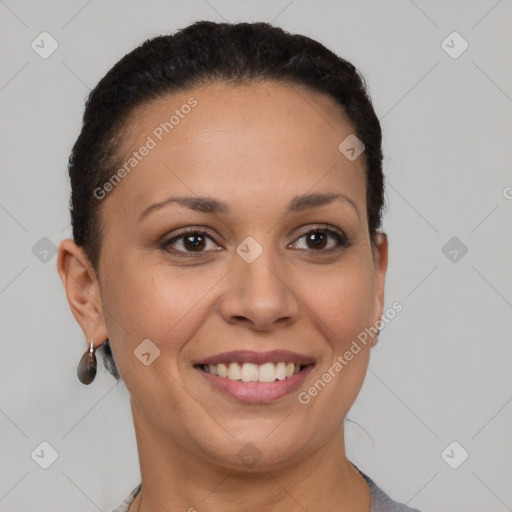 Joyful latino young-adult female with short  brown hair and brown eyes