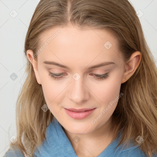 Joyful white young-adult female with long  brown hair and blue eyes