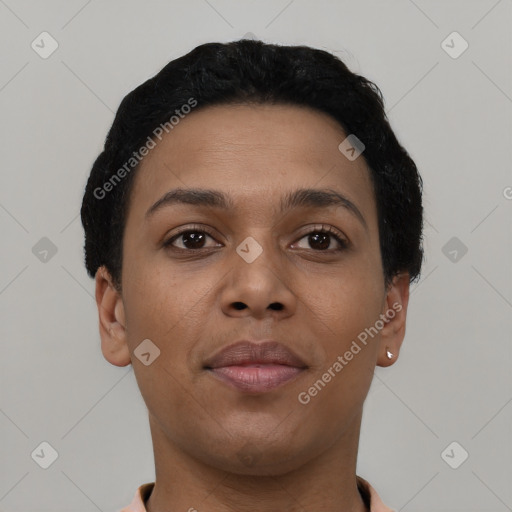 Joyful latino young-adult female with short  black hair and brown eyes