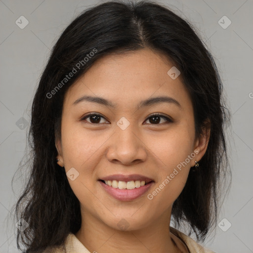 Joyful asian young-adult female with medium  brown hair and brown eyes