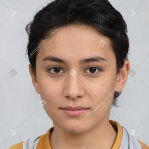 Neutral white young-adult female with short  brown hair and brown eyes