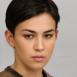 Neutral white young-adult female with short  brown hair and brown eyes