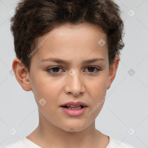 Joyful white child female with short  brown hair and brown eyes