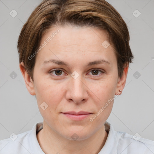 Joyful white young-adult female with short  brown hair and brown eyes