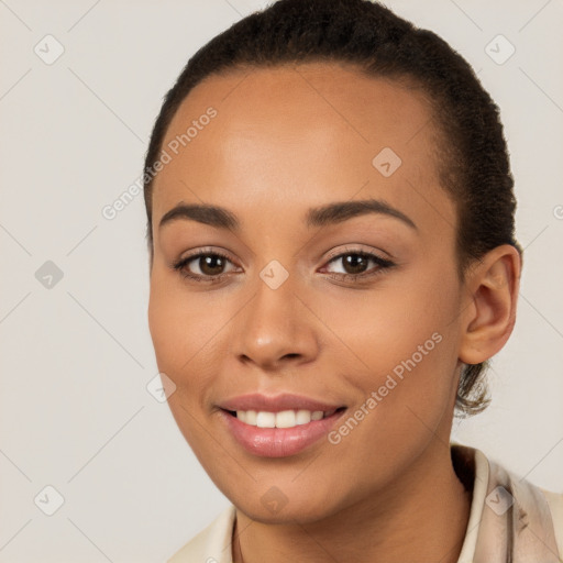 Joyful white young-adult female with short  brown hair and brown eyes