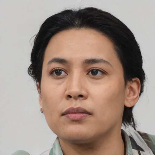 Neutral asian young-adult female with medium  black hair and brown eyes