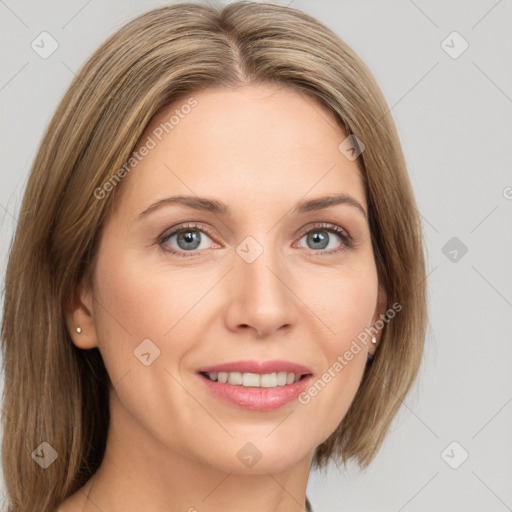 Joyful white young-adult female with medium  brown hair and green eyes